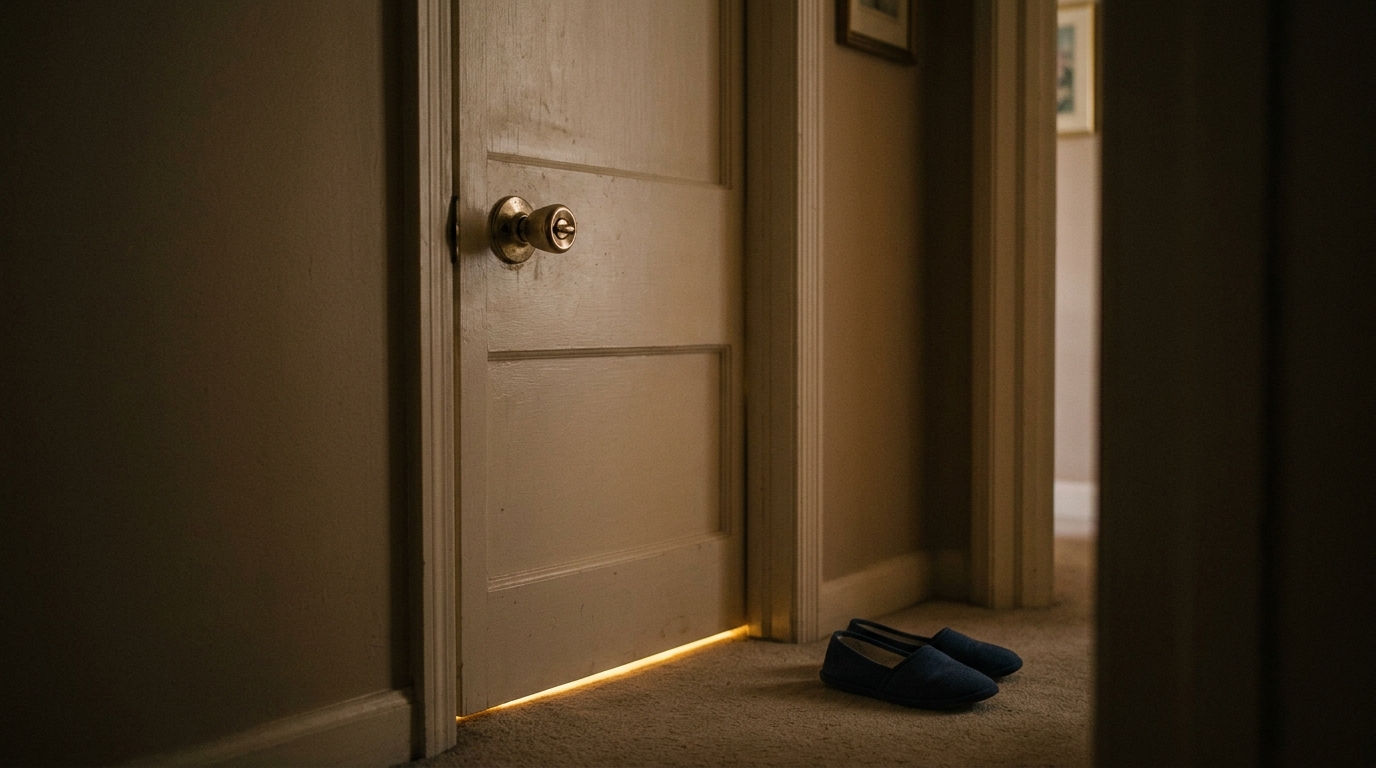 Closed bathroom door with light underneath