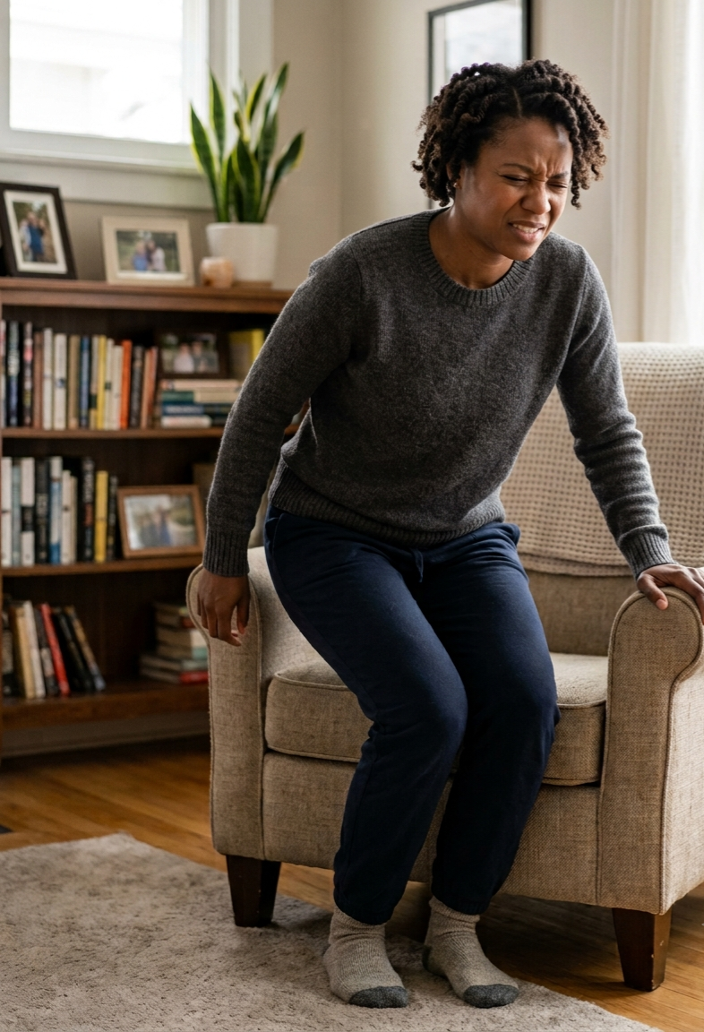 Woman wincing while standing up from a chair
